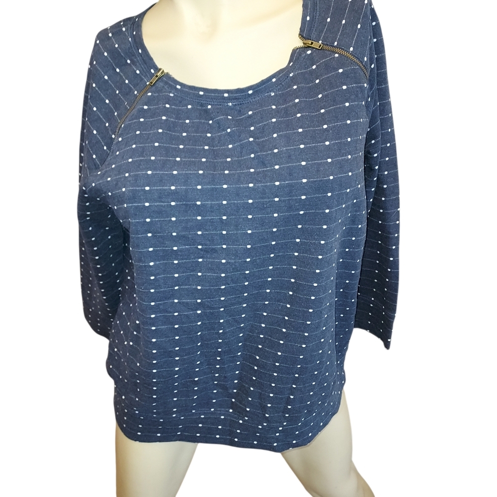Size Large Caslon Long Sleeve Top Polka Dot Zippers At Shoulder Navy White Top